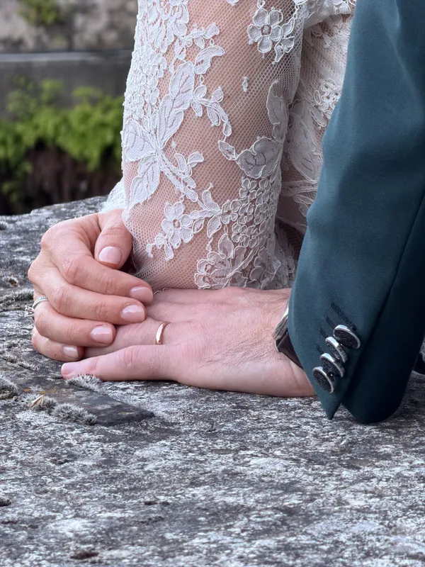 Close-up of couple's hands with wedding rings