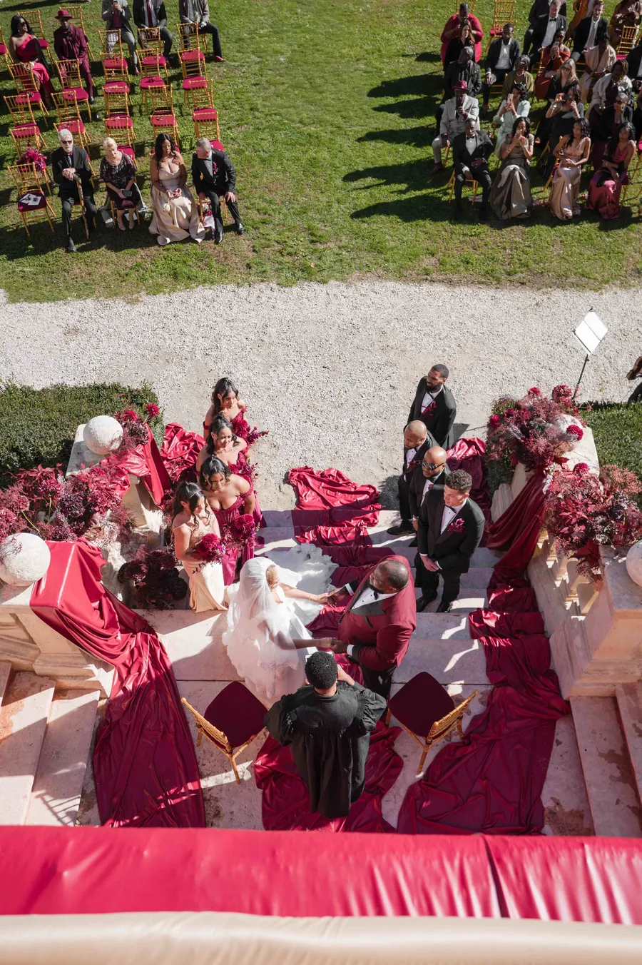 Aerial view of outdoor wedding ceremony